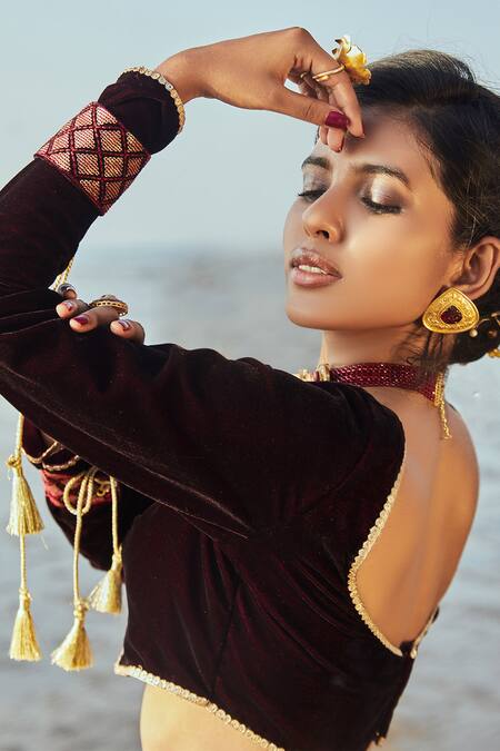 Shop Monk & Mei By Sonia Anand Wine Velvet, Organza Sequins, Embroidery V-neck Flared Lehenga Set Online at Aza Fashions Shop_Monk & Mei By Sonia Anand_Wine Velvet, Organza Sequins, Embroidery V-neck Flared Lehenga Set _Online_at_Aza_Fashions