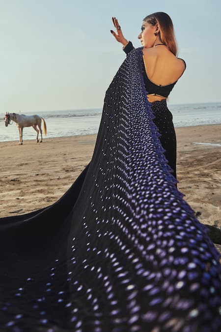 Shop_Monk & Mei By Sonia Anand_Blue Georgette, Velvet Sequins V-neck Embroidered Pre- Draped Saree With Blouse _Online_at_Aza_Fashions