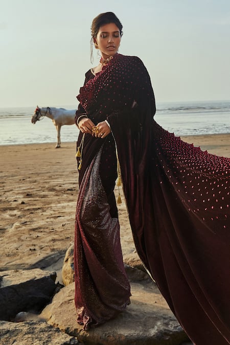 Monk & Mei By Sonia Anand_Wine Velvet, Georgette Sequins, Embroidery V-neck Pre- Draped Saree With Blouse _Online_at_Aza_Fashions