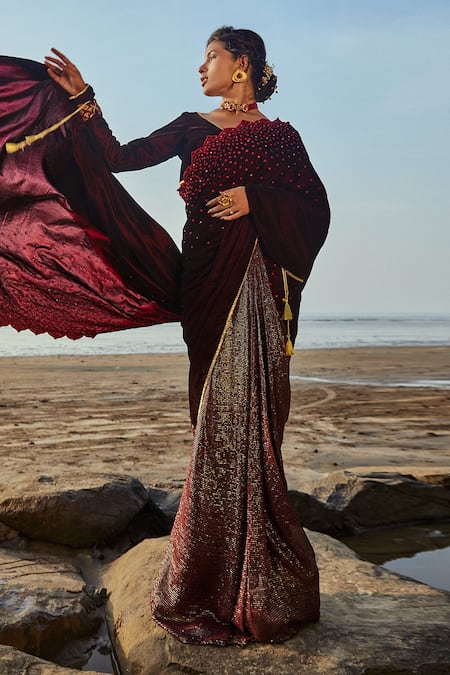 Buy_Monk & Mei By Sonia Anand_Wine Velvet, Georgette Sequins, Embroidery V-neck Pre- Draped Saree With Blouse _Online_at_Aza_Fashions