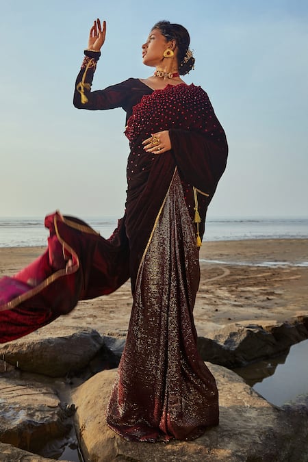 Shop_Monk & Mei By Sonia Anand_Wine Velvet, Georgette Sequins, Embroidery V-neck Pre- Draped Saree With Blouse _Online_at_Aza_Fashions