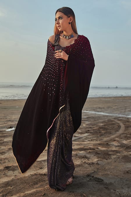 Buy_MONK & MEI BY SONIA ANAND_Wine Blouse Velvet Embroidered Sequin U Neck Pre- Draped Saree With _Online_at_Aza_Fashions