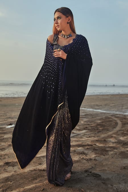 Monk & Mei By Sonia Anand_Blue Velvet, Georgette Sequins Round Pre- Draped Embroidered Saree With Blouse _Online_at_Aza_Fashions