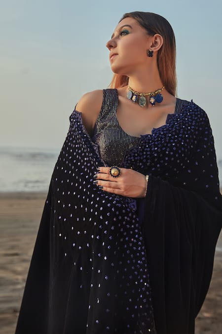 Buy_Monk & Mei By Sonia Anand_Blue Velvet, Georgette Sequins Round Pre- Draped Embroidered Saree With Blouse _Online_at_Aza_Fashions