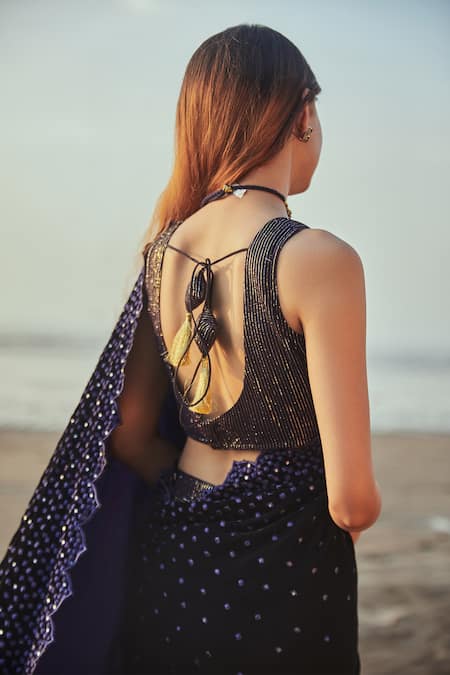 Shop_Monk & Mei By Sonia Anand_Blue Velvet, Georgette Sequins Round Pre- Draped Embroidered Saree With Blouse _Online_at_Aza_Fashions