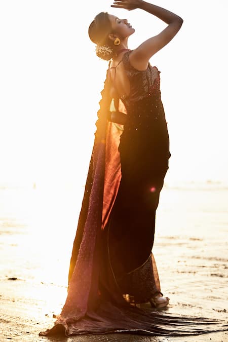 Shop_MONK & MEI BY SONIA ANAND_Wine Blouse Velvet Embroidered Sequin U Neck Pre- Draped Saree With _Online_at_Aza_Fashions