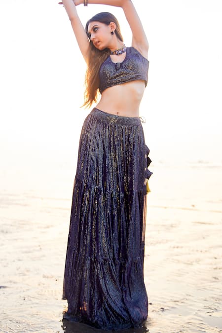 MONK & MEI BY SONIA ANAND_Blue Georgette Sequins Round Neck Embroidered Layered Lehenga Set _Online_at_Aza_Fashions