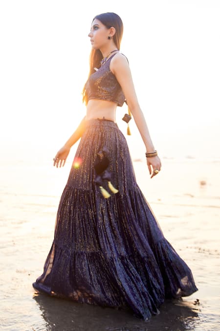Buy_MONK & MEI BY SONIA ANAND_Blue Georgette Sequins Round Neck Embroidered Layered Lehenga Set _Online_at_Aza_Fashions