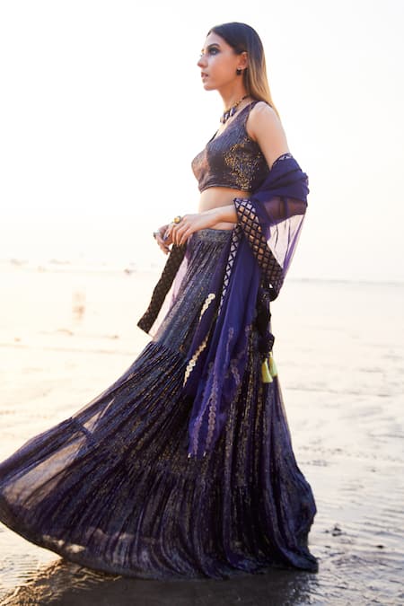 Shop_MONK & MEI BY SONIA ANAND_Blue Georgette Sequins Round Neck Embroidered Layered Lehenga Set _Online_at_Aza_Fashions