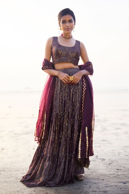 Monk & Mei By Sonia Anand_Wine Georgette Sequins Round Neck Layered Embroidered Lehenga Blouse Set _Online_at_Aza_Fashions