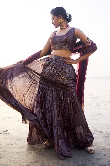 Buy_Monk & Mei By Sonia Anand_Wine Georgette Sequins Round Neck Layered Embroidered Lehenga Blouse Set _Online_at_Aza_Fashions