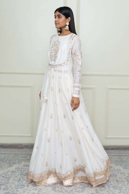Sheetal Batra_White Organza, Crushed Cotton, Chanderi Round Anarkali Set_Online_at_Aza_Fashions