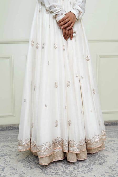 Shop_Sheetal Batra_White Organza, Crushed Cotton, Chanderi Round Anarkali Set_Online_at_Aza_Fashions