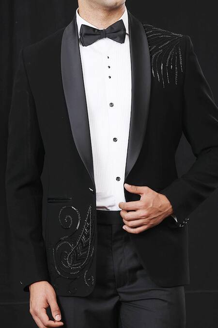 Soniya G_Black Linen, Rayon, Crepe Embroidery Tuxedo And Pant Set_at_Aza_Fashions