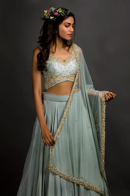 Shop Izzumi Mehta Blue Lehenga Crepe Blouse Dupion Silk Dupatta Net V Embellished Bridal Set at Aza Fashions Shop_Izzumi Mehta_Blue Lehenga Crepe Blouse Dupion Silk Dupatta Net V Embellished Bridal Set _at_Aza_Fashions