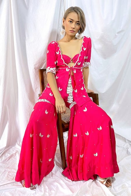 Maiti Shahani_Pink Viscose Dupion Bead , Resham V Neck Jacket Sharara Set _Online_at_Aza_Fashions