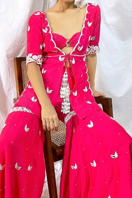 Shop Maiti Shahani Pink Viscose Dupion Bead , Resham V Neck Jacket Sharara Set Online at Aza Fashions Shop_Maiti Shahani_Pink Viscose Dupion Bead , Resham V Neck Jacket Sharara Set _Online_at_Aza_Fashions