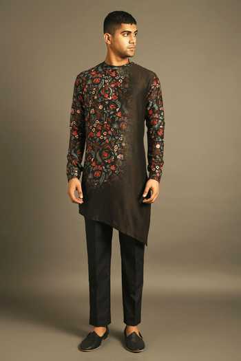 Dhruv Vaish_Black Cotton Silk Chanderi Kurta And Pant Set _Online_at_Aza_Fashions