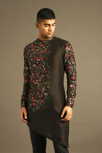 Buy_Dhruv Vaish_Black Cotton Silk Chanderi Kurta And Pant Set _Online_at_Aza_Fashions
