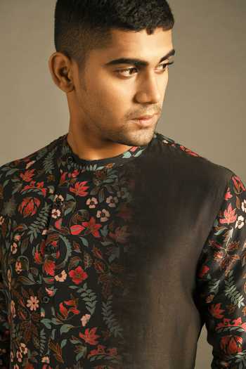 Shop_Dhruv Vaish_Black Cotton Silk Chanderi Kurta And Pant Set _Online_at_Aza_Fashions