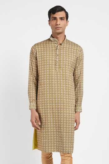 Rabani & Rakha_Beige Kurta Crepe Churidar Cotton Silk Printed Set _Online_at_Aza_Fashions