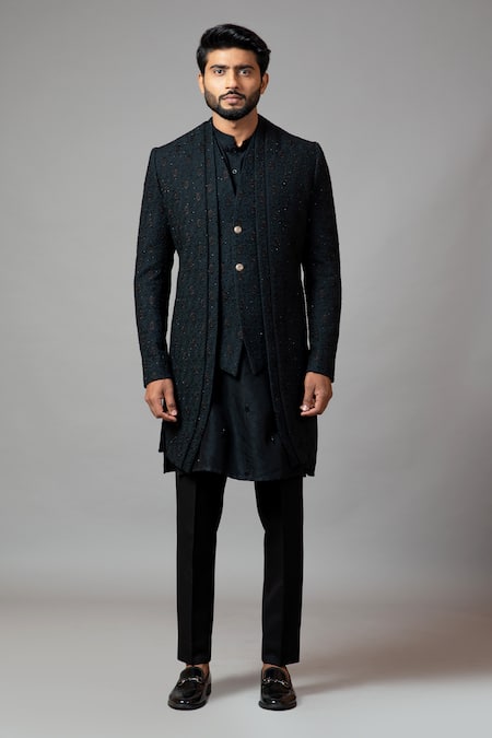 PAARSH_Black Kurta Bamberg Silk Pant Malai Cotton, Sherwani Kora Panelled And Set _Online_at_Aza_Fashions