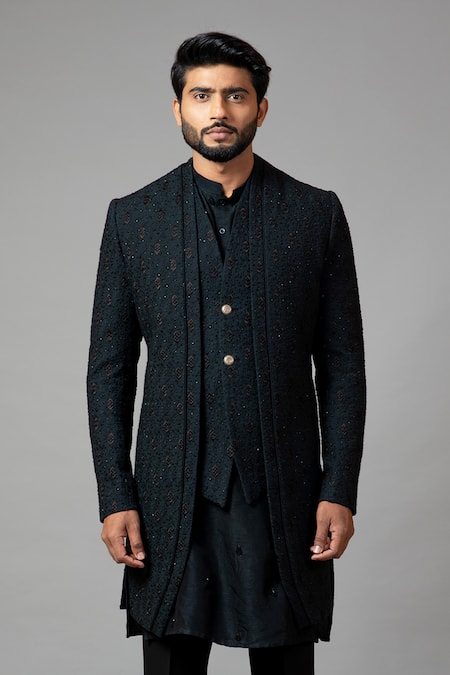 Buy_PAARSH_Black Kurta Bamberg Silk Pant Malai Cotton, Sherwani Kora Panelled And Set _Online_at_Aza_Fashions