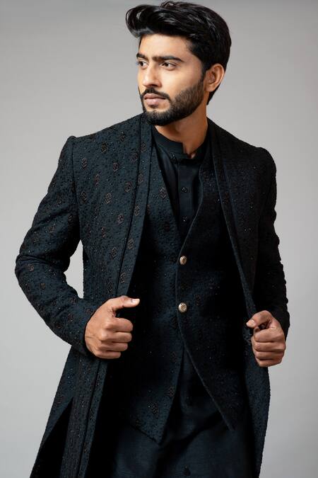 Shop_PAARSH_Black Kurta Bamberg Silk Pant Malai Cotton, Sherwani Kora Panelled And Set _Online_at_Aza_Fashions