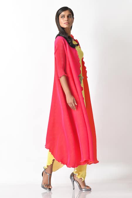 Buy_Kiran Uttam Ghosh_Pink Pleated Polyester Long Jacket  _Online_at_Aza_Fashions