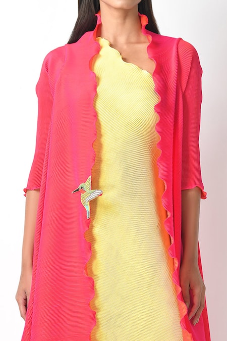 Shop_Kiran Uttam Ghosh_Pink Pleated Polyester Long Jacket  _Online_at_Aza_Fashions