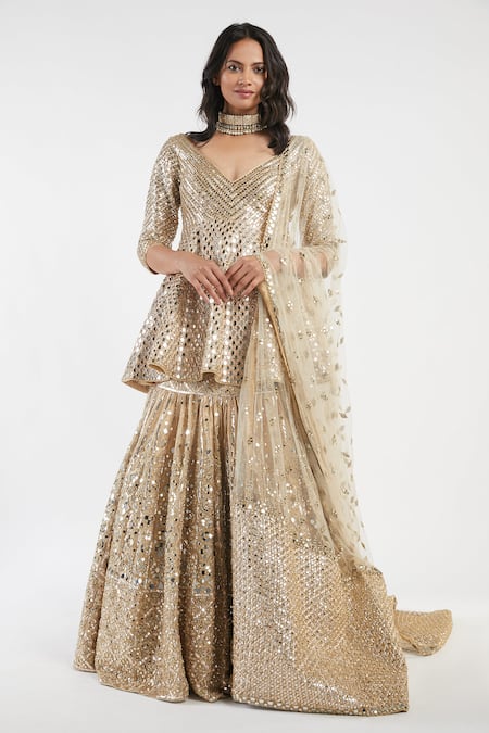 Beautiful dress with lehenga and peplum blouse. Embellished with hand work.  | Party wear indian dresses, Designer dresses casual, Long blouse designs