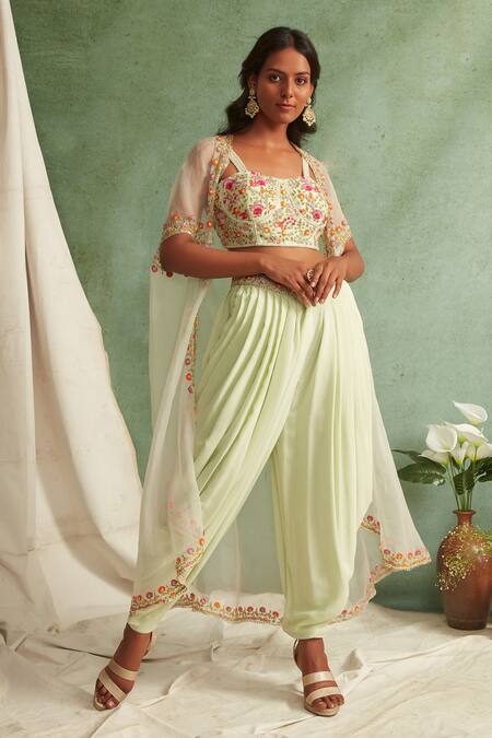 Priyanka Jain Green Cape Organza, Dhoti Pant Crepe Chanderi Sweetheart Neck And Set Online at Aza Fashions Priyanka Jain_Green Cape Organza, Dhoti Pant Crepe Chanderi Sweetheart Neck And Set _Online_at_Aza_Fashions