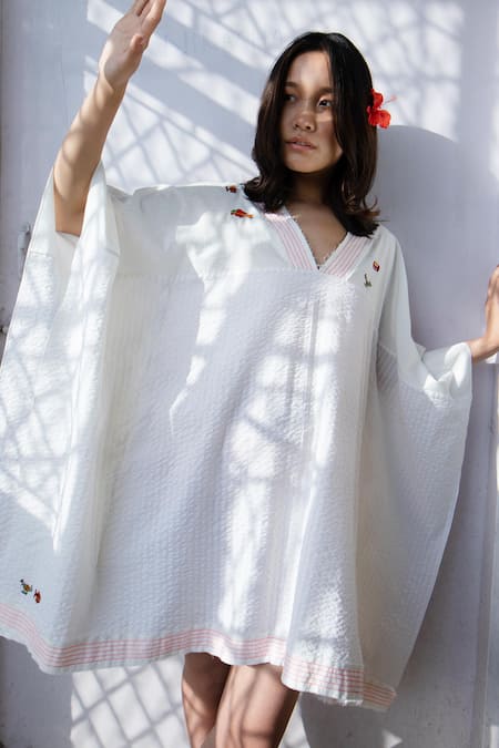 Nikasha White Cotton V Neck Textured Kaftan Dress