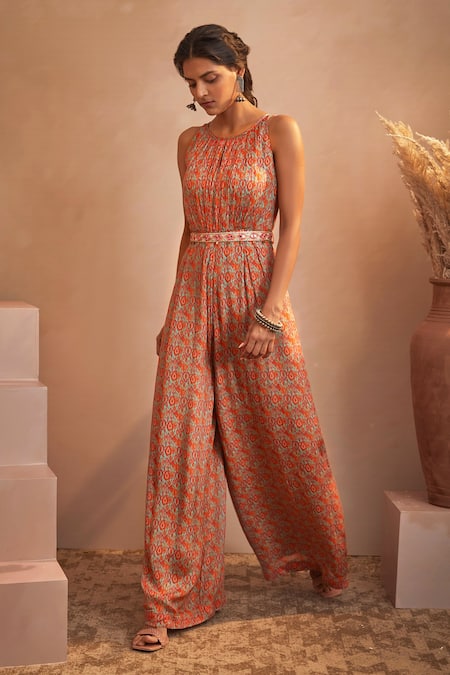 Aneesh Agarwaal Green Chinon Chiffon Print And Embroidery Ikat & Mirror Round Jumpsuit 