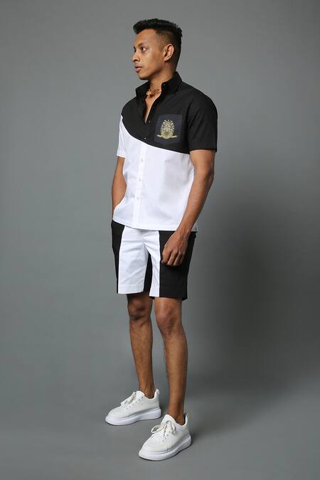 House Of Three_White Cotton Poplin Arali Colorblock Shirt _Online_at_Aza_Fashions