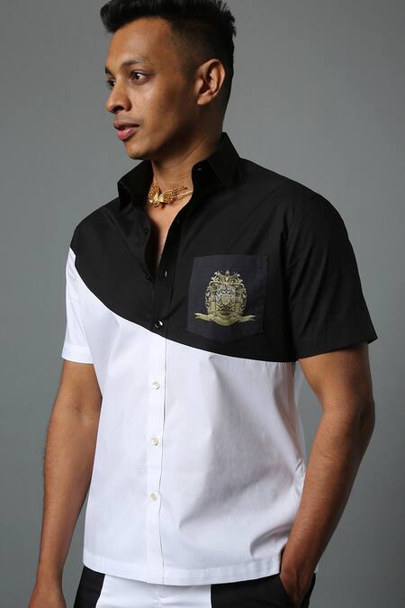 Shop_House Of Three_White Cotton Poplin Arali Colorblock Shirt _Online_at_Aza_Fashions