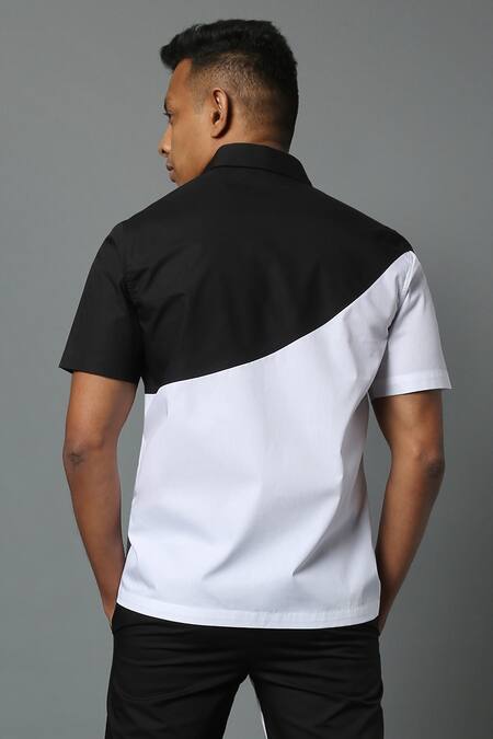 House Of Three_White Cotton Poplin Arali Colorblock Shirt _at_Aza_Fashions