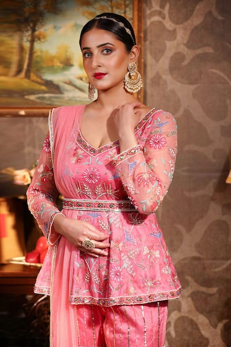 Laxmishriali_Pink Dupatta - Net, Kurta, Pant And Belt - Organza Digital Print, Sharara Set _Online_at_Aza_Fashions
