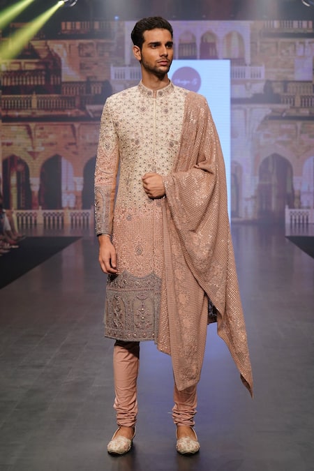 Soniya G_Cream Raw Silk Floral Embroidered Sherwani Set _Online_at_Aza_Fashions