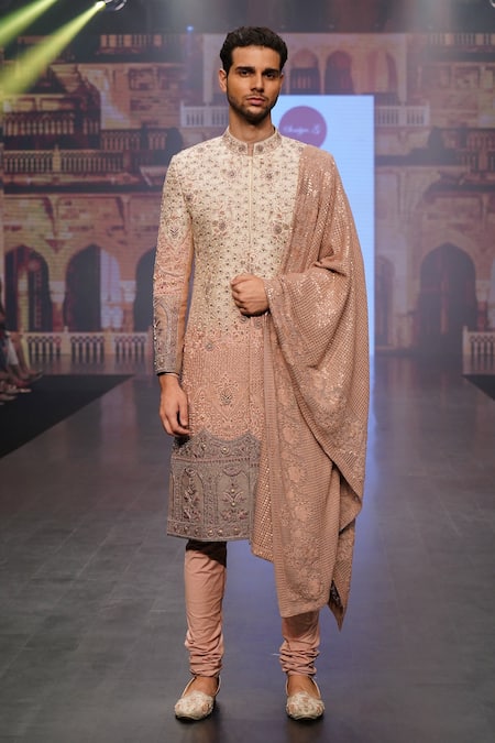 Buy_Soniya G_Cream Raw Silk Floral Embroidered Sherwani Set _Online_at_Aza_Fashions