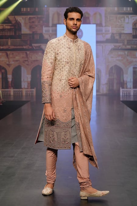 Shop_Soniya G_Cream Raw Silk Floral Embroidered Sherwani Set _Online_at_Aza_Fashions
