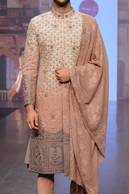 Soniya G_Cream Raw Silk Floral Embroidered Sherwani Set _at_Aza_Fashions