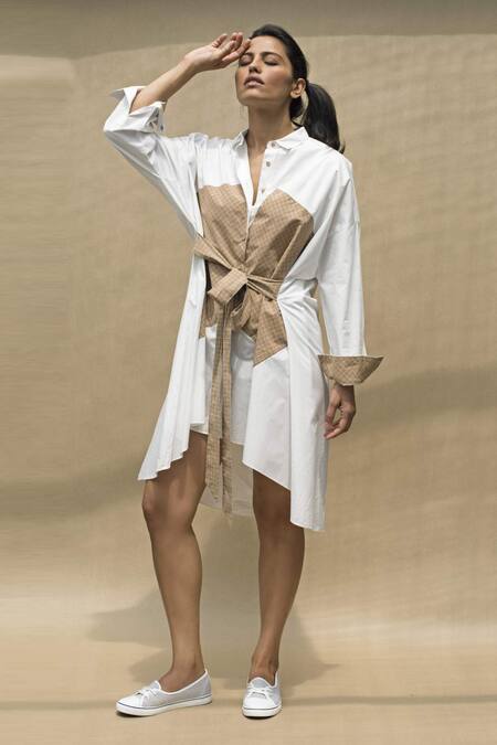 Chillosophy White Cotton Poplin Shirt Collar Asymmetric Checkered Dress Online at Aza Fashions Chillosophy_White Cotton Poplin Shirt Collar Asymmetric Checkered Dress _Online_at_Aza_Fashions