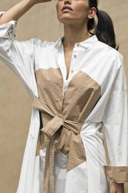 Buy Chillosophy White Cotton Poplin Shirt Collar Asymmetric Checkered Dress Online at Aza Fashions Buy_Chillosophy_White Cotton Poplin Shirt Collar Asymmetric Checkered Dress _Online_at_Aza_Fashions