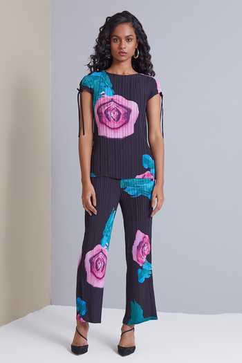 Scarlet Sage_Black 100% Polyester Rose Round Abstract Print Pant Set_Online_at_Aza_Fashions