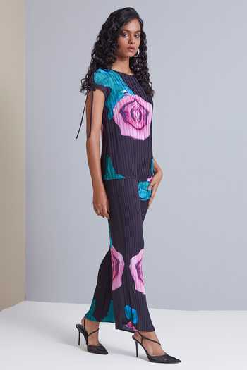 Buy_Scarlet Sage_Black 100% Polyester Rose Round Abstract Print Pant Set_Online_at_Aza_Fashions