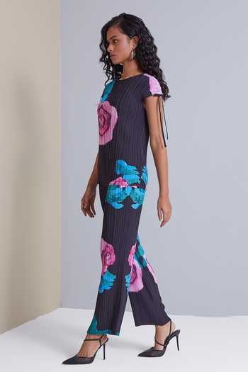 Shop_Scarlet Sage_Black 100% Polyester Rose Round Abstract Print Pant Set_Online_at_Aza_Fashions