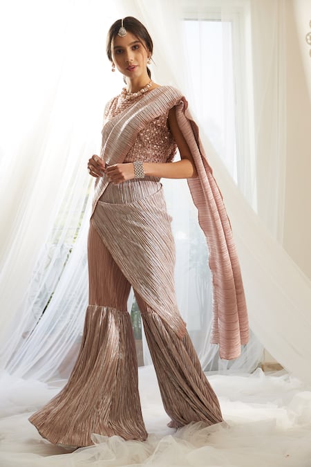 Tasuvure Pink Pleated Pre-draped Sharara Saree Set