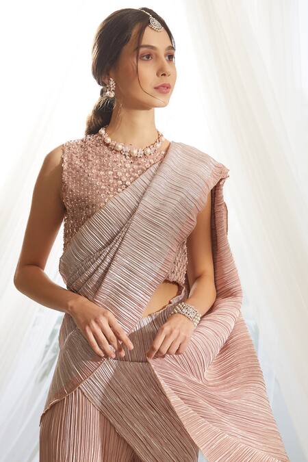 Tasuvure_Pink Pleated Pre-draped Sharara Saree Set_Online_at_Aza_Fashions