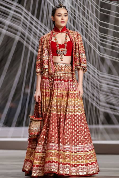 Tarun Tahiliani Silk Crepe Patchwork Short Cape 